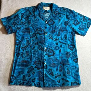 KALAHEO Hawaiian Shirt Men's Blue Tropical Island Print Short Sleeve Button Up L